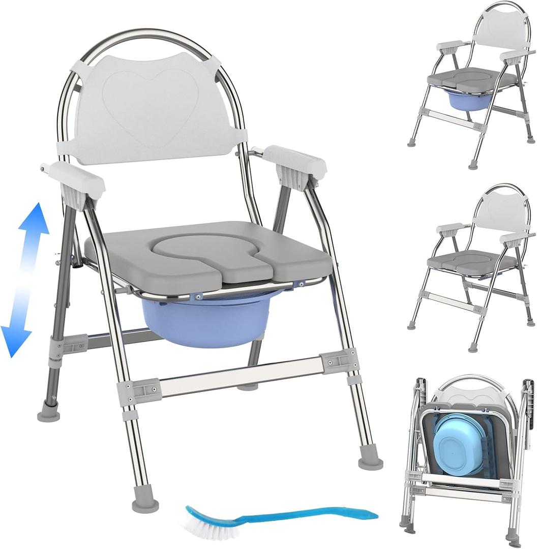5 in 1 Folding Bedside Commode - Adjustable Height Portable Commode Toilet for Adults with Arms and Back, Potty Chair with Toilet Brush for Elderly, Disabled, Pregnant, Recovery, Up to 330 lbs