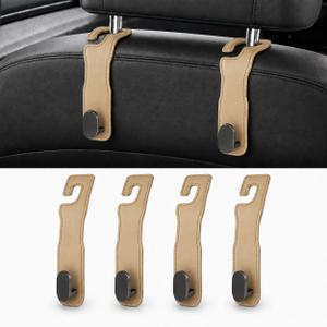 4 Pcs Car Headrest Hooks, Heavy-Duty PU Leather & Stainless Steel Car Seat Organizer for Purses & Bags, Supports Up to 44 lbs