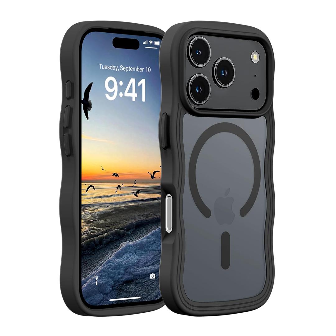 Hualele for iPhone 17 Pro Case Cute for Women, Compatible with MagSafe, Military Grade Dropproof Translucent Matte Back Curly Wave Edge Slim Girly Phone Case 17 Pro Case iPhone, Black