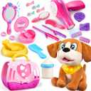 JOYIN 17Pcs Beauty Salon Set and Plush Dog Toys, Pretend Play Doll Hair Stylist Toy Kit with Hairdryer, Mirror, Curling Iron, Interactive Puppy Toy with Button, Lights & Sounds