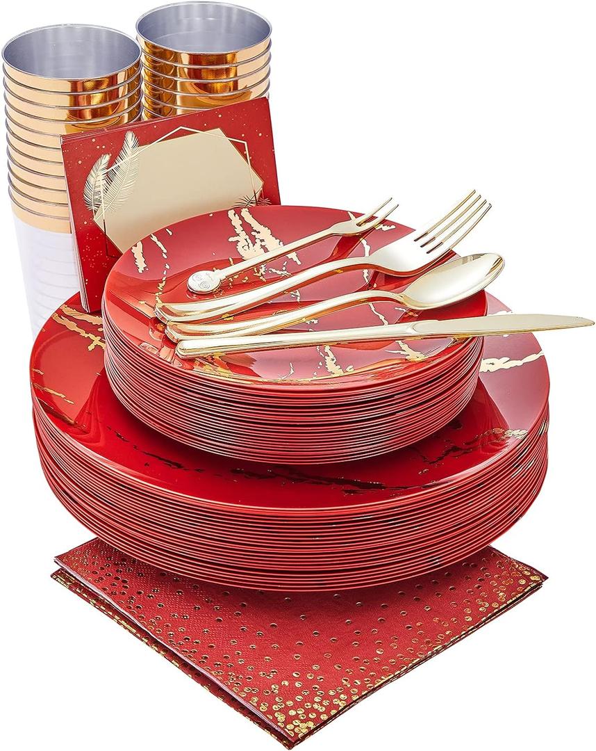 N9R 225PCS Red Gold Plastic Dinnerware Set - Disposable for Mothers Day, Includes 25 Dinner Plates, 25 Dessert Plates, 25 Forks, 25 Spoons, 25 Knives, 25 Gold Cups, 25 Napkins & Table Cards