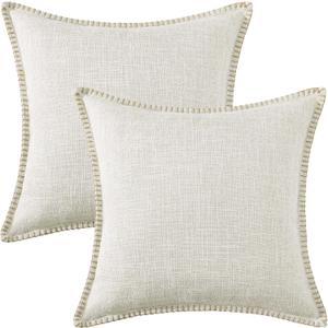 decorUhome Decorative Outdoor Throw Pillow Covers 20x20 Set of 2, Square Linen Rustic Neutral Farmhouse Pillow Covers with Stitched Edge for Couch, Sofa, Living Room, Beige