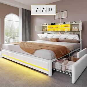 DWVO Queen Size Bed Frame with RGB LED Lights & Storage Bookcase Headboard, Upholstered Bed with Charging Station and 4 Drawers, No Box Spring Needed, Easy Assembly, Noise-Free, PU Leather White