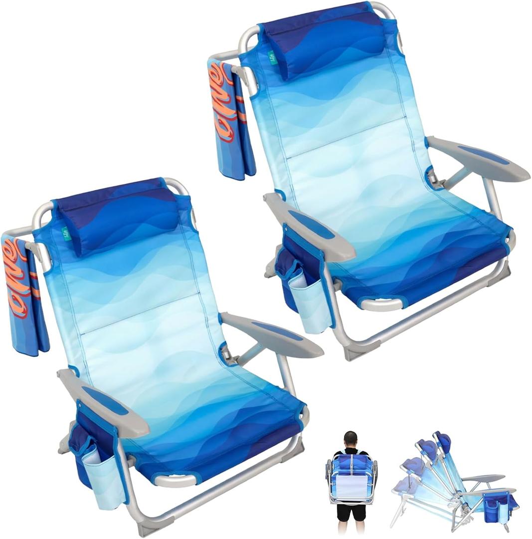 #WEJOY Beach Chair for Adults, Reclining Adjustable Position,Lay Flat Lightweight Folding Portable Aluminum Chair with Backpack Straps,Padded headrest, Heavy Duty 400 lbs Lawn Chair for Beach, 2 Pack