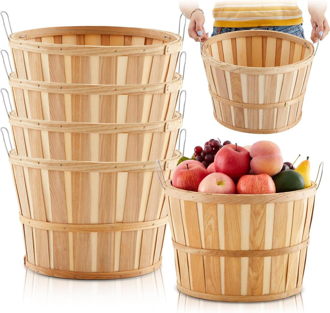 Marsui 6 Pcs Jumbo Half Bushel Baskets - Large Round Wooden Apple Basket With Handles 14 x 9.5 in - Handcrafted Produce for Farmers Market, Fall Harvest, Fruit, Personal or Commercial Use