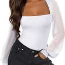 PINKMSTYLE Women's Square Neck Double Lined Mesh Long Sleeve Bodysuits Slim fit Trendy Going Out Tops Shirts (Medium, White)