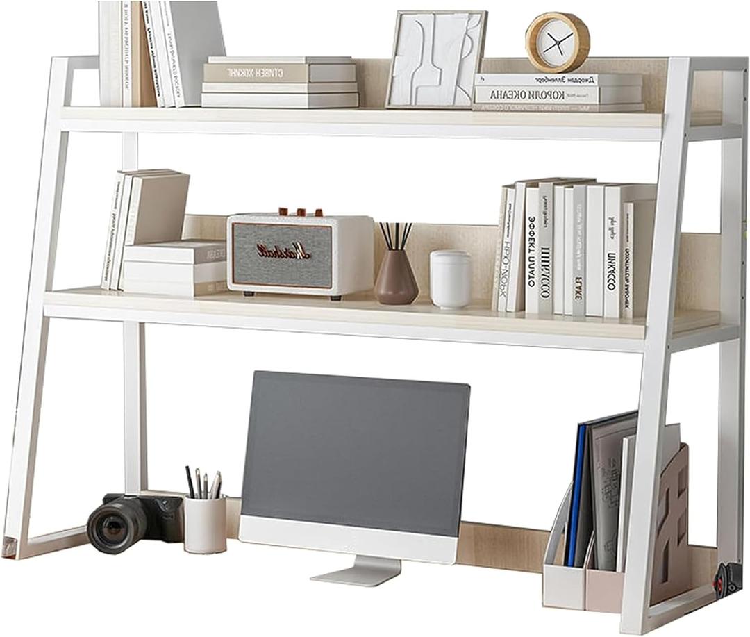 2-Tier Desktop Bookshelf for Computer Desk, Wood Hutch Bookcase Organizer, Multipurpose Countertop Storage Hutch Display Shelf Rack for Home Office Dorm Furniture,White,75x32x90cm