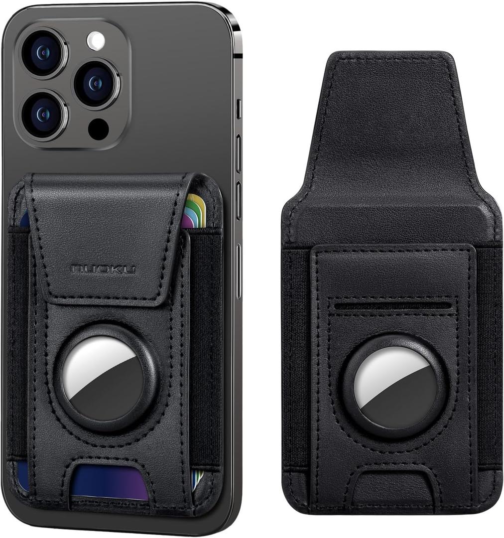 nuoku Magsafe Wallet with AirTag Holder, Leather Magnetic Phone Wallet with Card Holder for iPhone 17/16/15/14 /13/12 Pro/Max Series (Not 13 Mini/12 Mini) (S-Black)