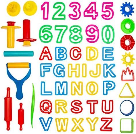 Kiddy Dough 45 Pieces Play Dough Tool Kit: Dough Accessories Set for Kids with Shapes, Numbers, Letters, Cutters, Dough Rollers, and Extruders