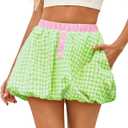 Wenrine Womens Gingham Bubble Mini Skirts Striped Elastic Waist Cute Y2K Skorts Plaid Summer Beach Skirt (Green)