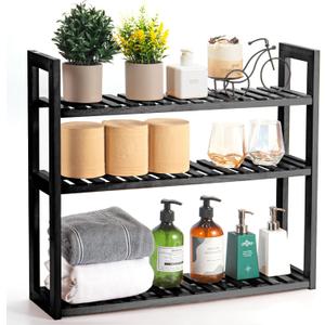 Wood Bathroom Shelf, 3-Tier Adjustable Shoes Rack&Plants Rack, Wall-Mounted or Stand for Living Room (Grey)