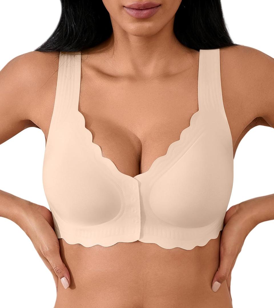 Front Closure Bras for Women Seamless Wireless Push Up Bra No Underwire Full Coverage Comfort Bras Mastectomy Bralettes (Beige, L)