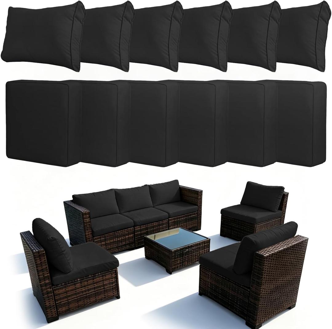 12Pcs Outdoor Patio Cushion Cover Replacement, Waterproof Patio Cushion Covers, Washable Outdoor Couch Cushion Covers with Zippers, Slipcovers Sofa Chair for Patio Furniture(Black, Cover Only)