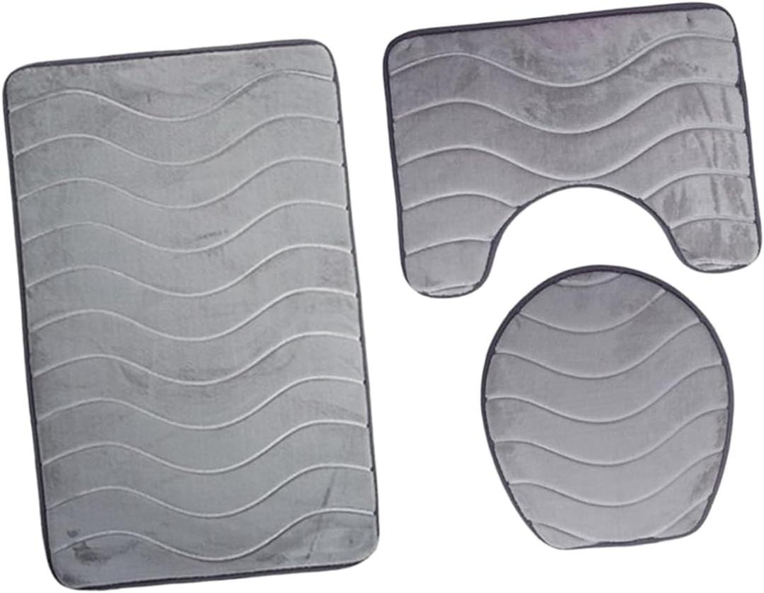 Three-Piece Flannel Bathroom Mat Set Non-Slip U-Shape Rug and Toilet Seat Cover Embossed Absorbent Bath Mats for Tub and Shower
