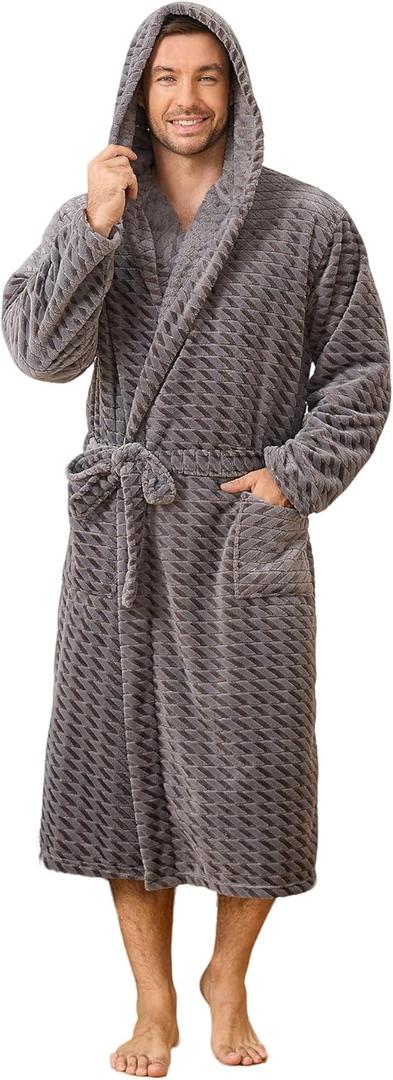 U2SKIIN Mens Plush Fleece Hooded Robe, Soft Warm Long Bathrobe with Pockets, Cozy Spa Shower Robe for Men (Small-Medium, Dark Grey Stripe)