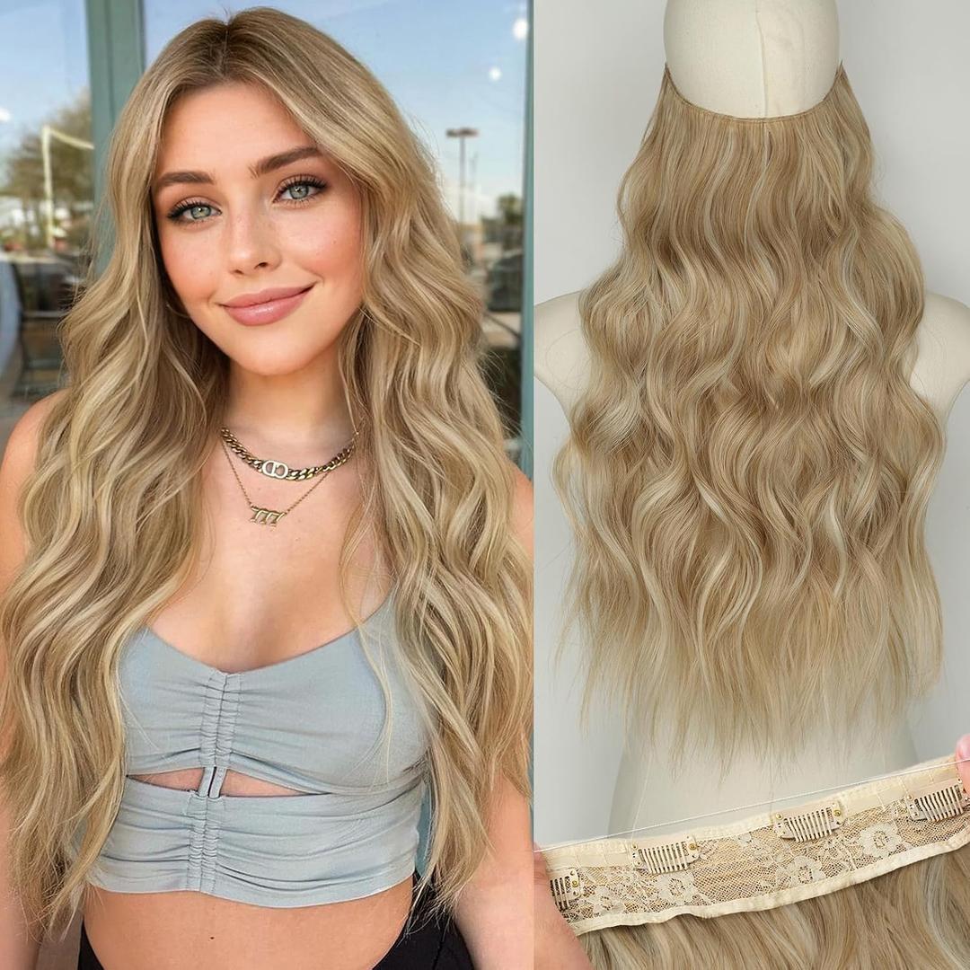 KooKaStyle Invisible Wire Hair Extensions with Transparent Wire Headband Adjustable Size 4 Secure Clips Long Wavy Synthetic Hairpiece for Women(20inch Beige Blonde mix Lvory Blonde Highlights)