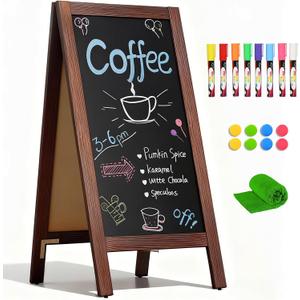 4 THOUGHT A-Frame Double-Sided Magnetic Chalkboard 40"x20", Solid Pine Wood Freestanding Sandwich Board for Cafes, Restaurants, Weddings (Rustic Brown)
