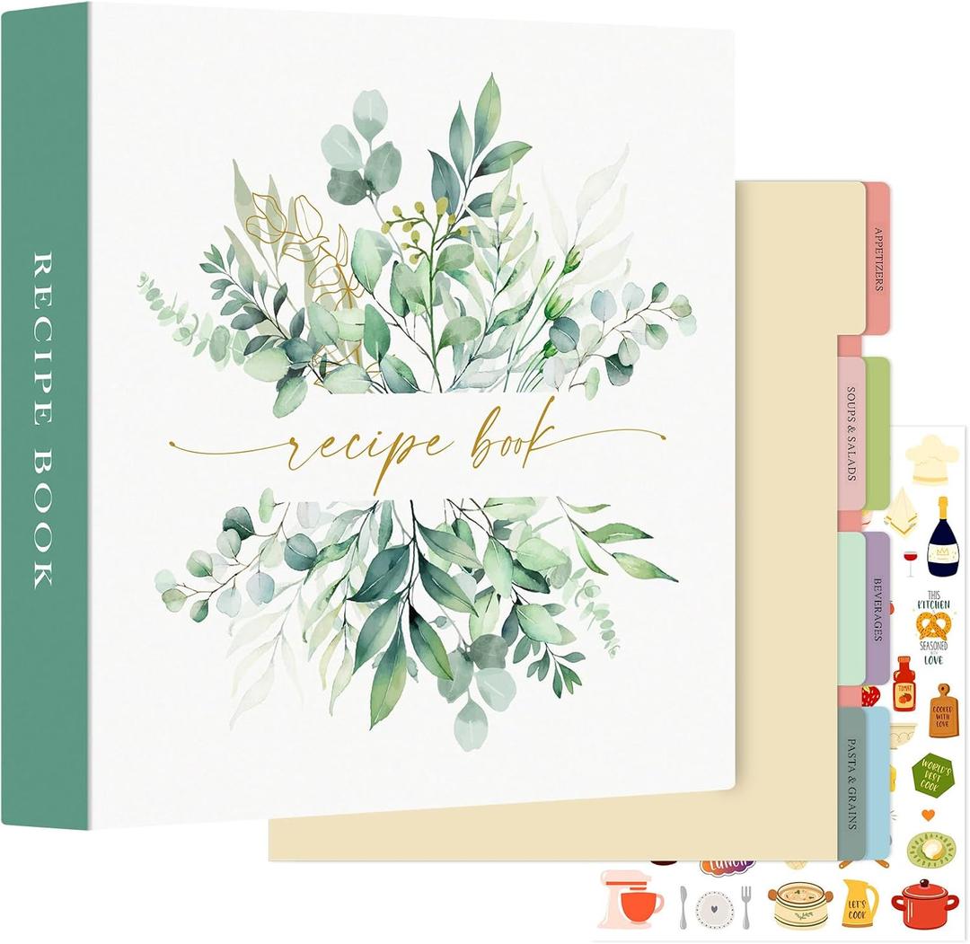 Lanpn Recipe Binder 8.5x11 3 Ring Kit, Waterproof Organizer Binder Recipe Book with 60 Plastic Sleeves,116 Recipes, Dividers, Labels & Stickers, Blank Cookbook to Write in Your Own Recipes