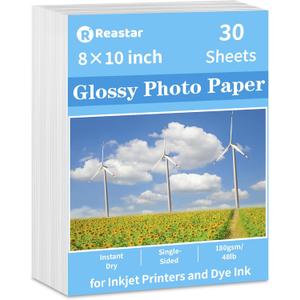 Reastar Glossy Photo Paper 8 x 10 inches, 30 Sheets Inkjet Photo Printer Paper, Instant Dry Picture Paper for DIY Chip Bag, Flyers, Cards, Calendars and Brochures(180gsm/48lb)