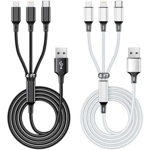 Multi USB Charging Cable 3A, 3 in 1 Fast Charger Cord Connector with Dual Phone/Type C/Micro USB Port Adapter, Compatible with Tablets Phone 12 11 Pro 8 7 6 Samsung Galaxy (4FT/2Pack Charging Only)