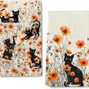 Black Cat Dish Towels,Orange Floral Kitchen Towels Decorative Set of 2,Cute Soft Absorbent Reusable Tea Towel & Hand Towel,Black Cats Kitchen Deccor,Cat Lover Gifts for Woemen