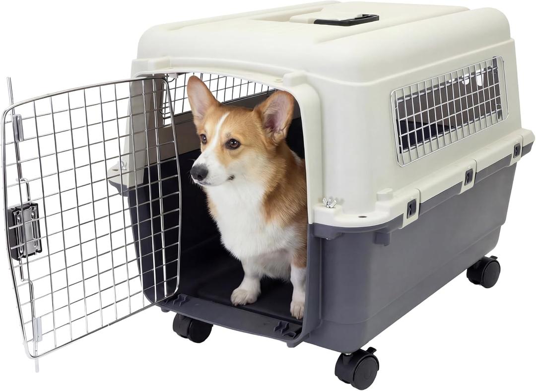 SportPet Airline Compliant MEDIUM 24.25" Travel Dog Kennel-Durable Plastic Airline Pet Carrier w/Removable Wheels & Food Bowls, Collapsible Indoor/Outdoor Dog Kennel, Dogs up to 23"L & 15"H-Cream/Gray
