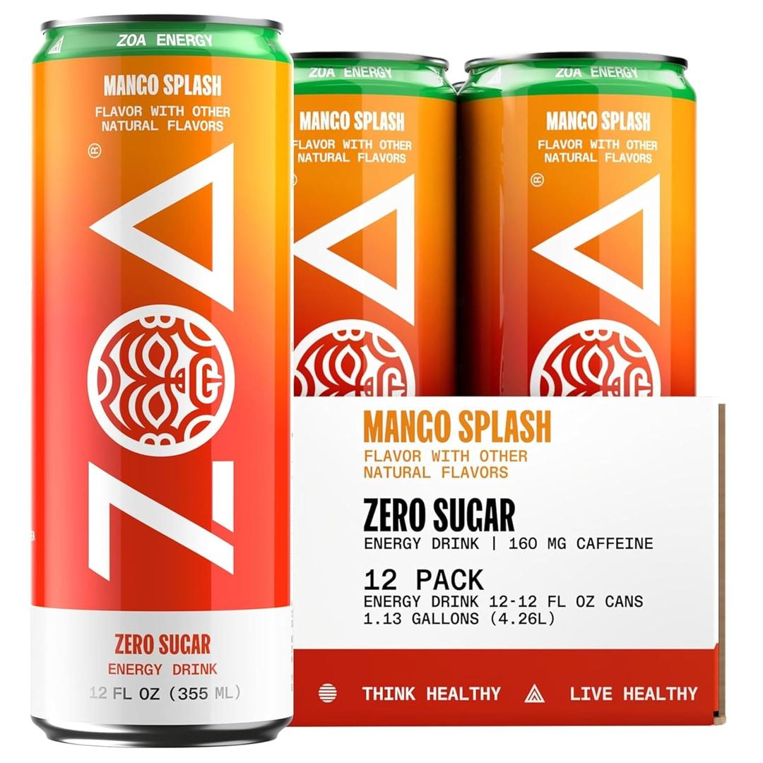 ZOA Zero Sugar Energy Drinks, Mango Splash - Sugar Free with Electrolytes, Healthy Vitamin C, Amino Acids, Essential B-Vitamins, and Caffeine from Green Tea - 12 Fl Oz (12-Pack) (EXP 10/13/26)