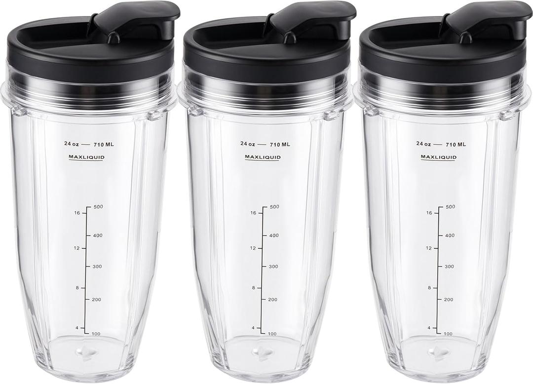 Ninja Blender Cups Replacement 24oz  Compatible with Ninja BN401, BL450, BL456, BL480, BL2012, BN751, BN801, SS101, SS151  3 Pack with To-Go Lids