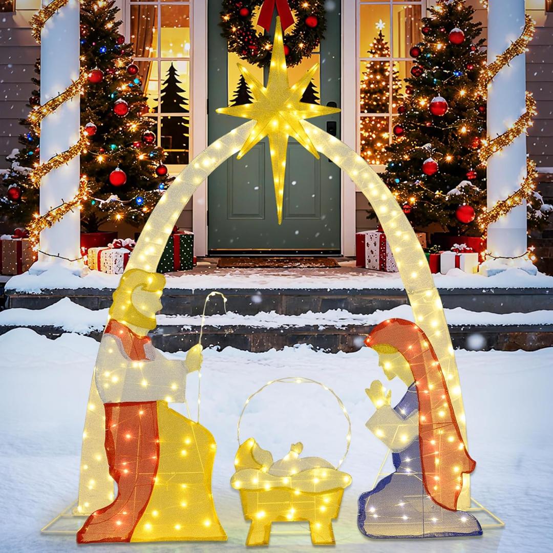 Tangkula 6 FT Christmas Lighted Nativity Scene Set, Pre-Lit Holy Family Yard Decoration with 240 Warm White LED Lights, Outdoor Nativity Set Holiday Display for Yard, Porch, Garden, Indoors