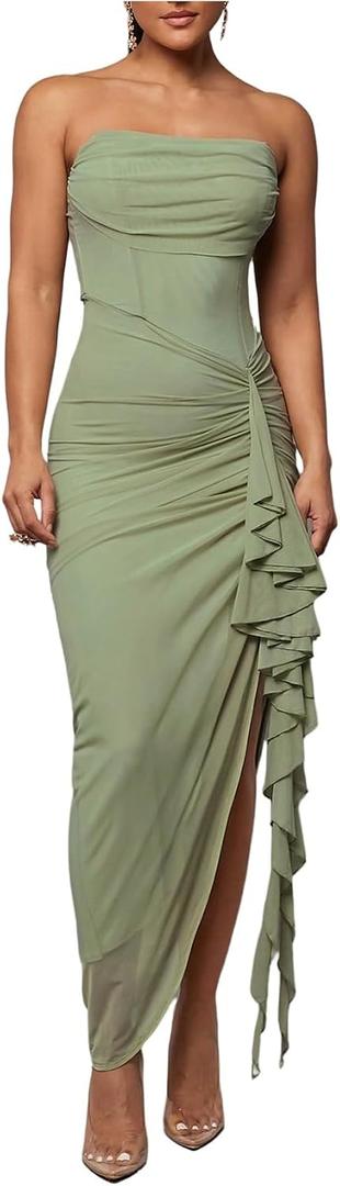 Floerns Women's Ruffle Trim Ruched Slit Strapless Dress Sleeveless Bodycon Maxi Dresses Green Medium