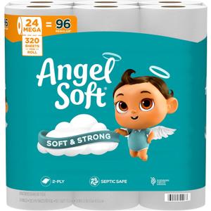 Angel Soft Toilet Paper, 24 Mega Rolls = 96 Regular Rolls, Soft and Strong Toilet Tissue (320 Sheet (Pack of 24)