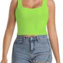 Women's Sleeveless Ribbed Tank Tops V Neck Stretchy Casual Basic Form Fitting Crop Tops (01#short Neon Green, Small)