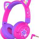 iClever Kids Headphones Cat Ear, LED Light Up, 85dBA Safe Volume, Stereo Sound Toddler Headphones for Travel School, Foldable 3.5mm Wired Kids Headphone for iPad Tablets, Meow Lollipop-Hot Pink