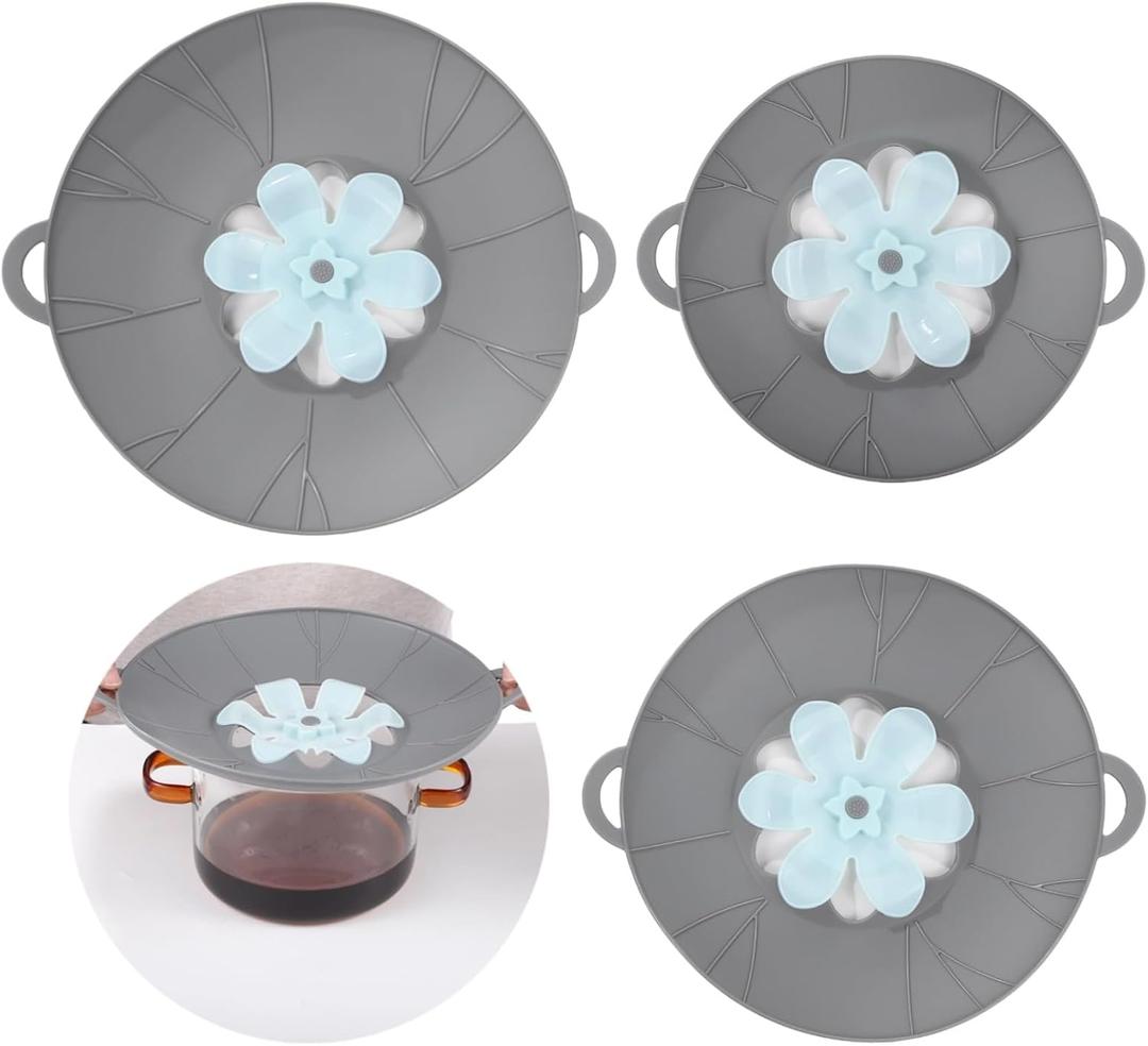 3 Pcs Silicone Spill Stopper Lids, 3 Sizes Splatter Covers, Reusable Lids with Flower Vent, Universal Pot Covers, Boil-Over Protectors, Safe for Microwave, Oven, Stovetop, Dishwasher