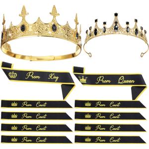12 Pcs Prom King Queen Crowns Set with Sashes Prom Court Crown Tiara Sash for 2025 Graduation Party Cosplay (Black)