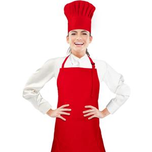 Chef Apron and Hat set, 2 Pockets Adjustable Cotton Kitchen Cooking Bib Apron, Baker Costume for Men Women (Red)