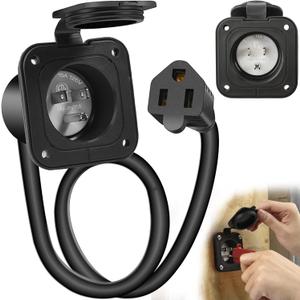 GeepKey 15 Amp Flanged Inlet 125V with Integrated 18" Extension Cord, NEMA 5-15 RV Plugs Receptacle with Waterproof Cover, Straight Blade/ETL Approved, 2 Pole 3-Wire, Black