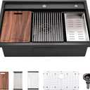 30 Inch Black Drop In Kitchen Sink Splash Guard Workstation - VOKIM 30 Inch Drop In sink Single Bowl 16 Gauge Stainless Steel 10'' Deep Handmade Kitchen Sink with Cutting Board& Strainer (30"L x 22"W x 10"D, Black Splash Guard)