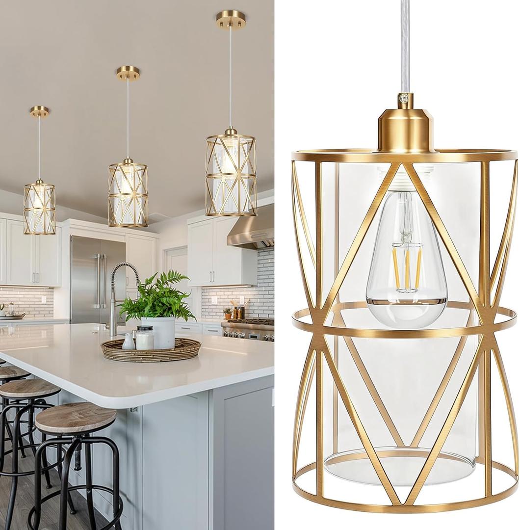Brushed Gold Pendant Light, 7"10" Dual-Shade Kitchen Island Lighting with Clear Glass Shade, E26 Adjustable Height 1"-61", UL Listed, for Dining Room Foyer Entryway  Bulbs Not Included