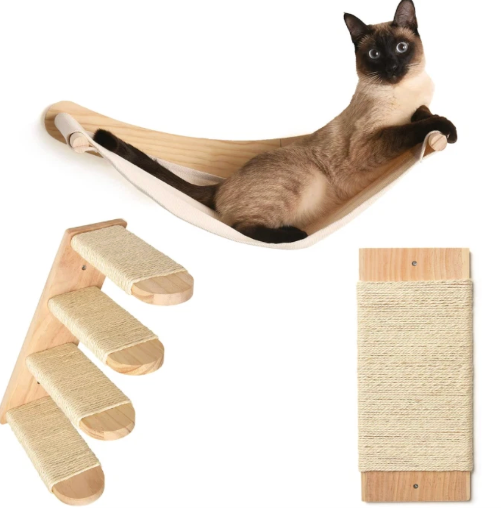 Chasing Tails Cat Wall Shelves - Four Step Cat Shelf with Scratch Board, Mounted Cat Shelves, Sturdy Cat Wall Furniture for Indoor Cats, Kittens - Extra Cat Wall Hammock Cover Included