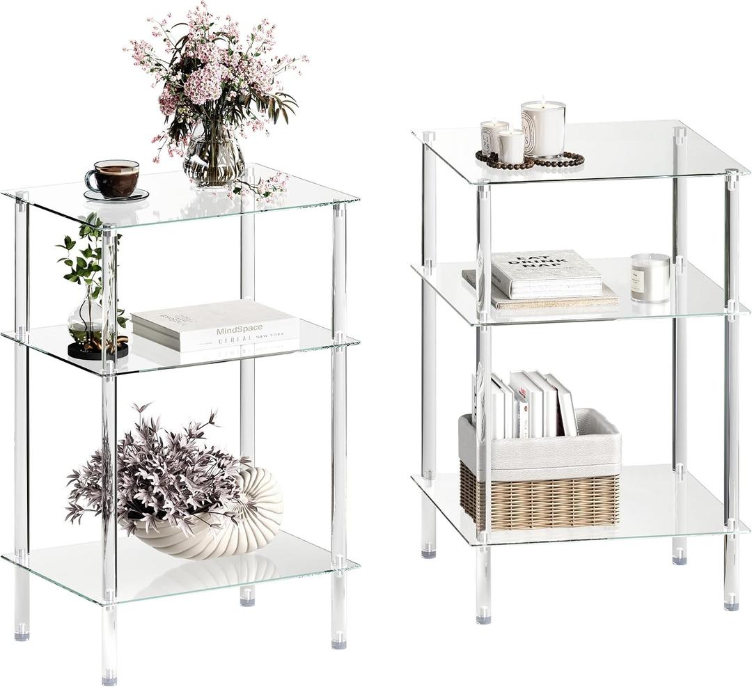 Tempered Glass Side Tables Set of 2 Acrylic End Table with 3 Storage Shelve transparent Bedside simplicity clear 3-Tier Nightstands small Spaces Office Bedroom Living Room Study Transparent ET-008TR3T, 3 tier High