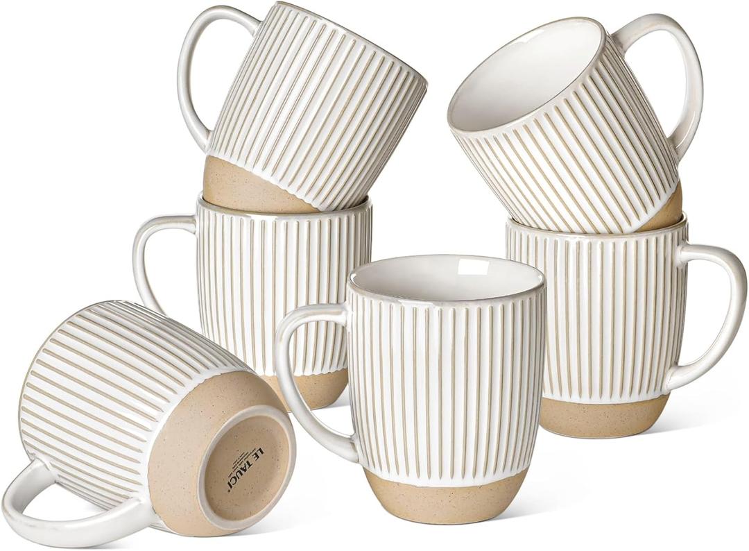 LE TAUCI Coffee Mugs 16 oz,Ceramic Mug Set, Embossment Cups for Latte, Hot Tea, Cappuccino, Mocha, Cocoa,Suit For Housewarming Wedding- 3.8 inch, Set of 6, Arctic White
