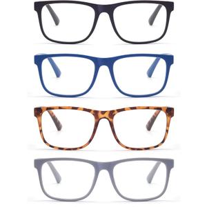 FoxMook 4 Pack Reading Glasses, Large Square Spring Hinge Readers for Big Head/Large Face, Blue Light Blocking Lens Clear, Matte Black Blue Gray Tortoise 2.5, standard