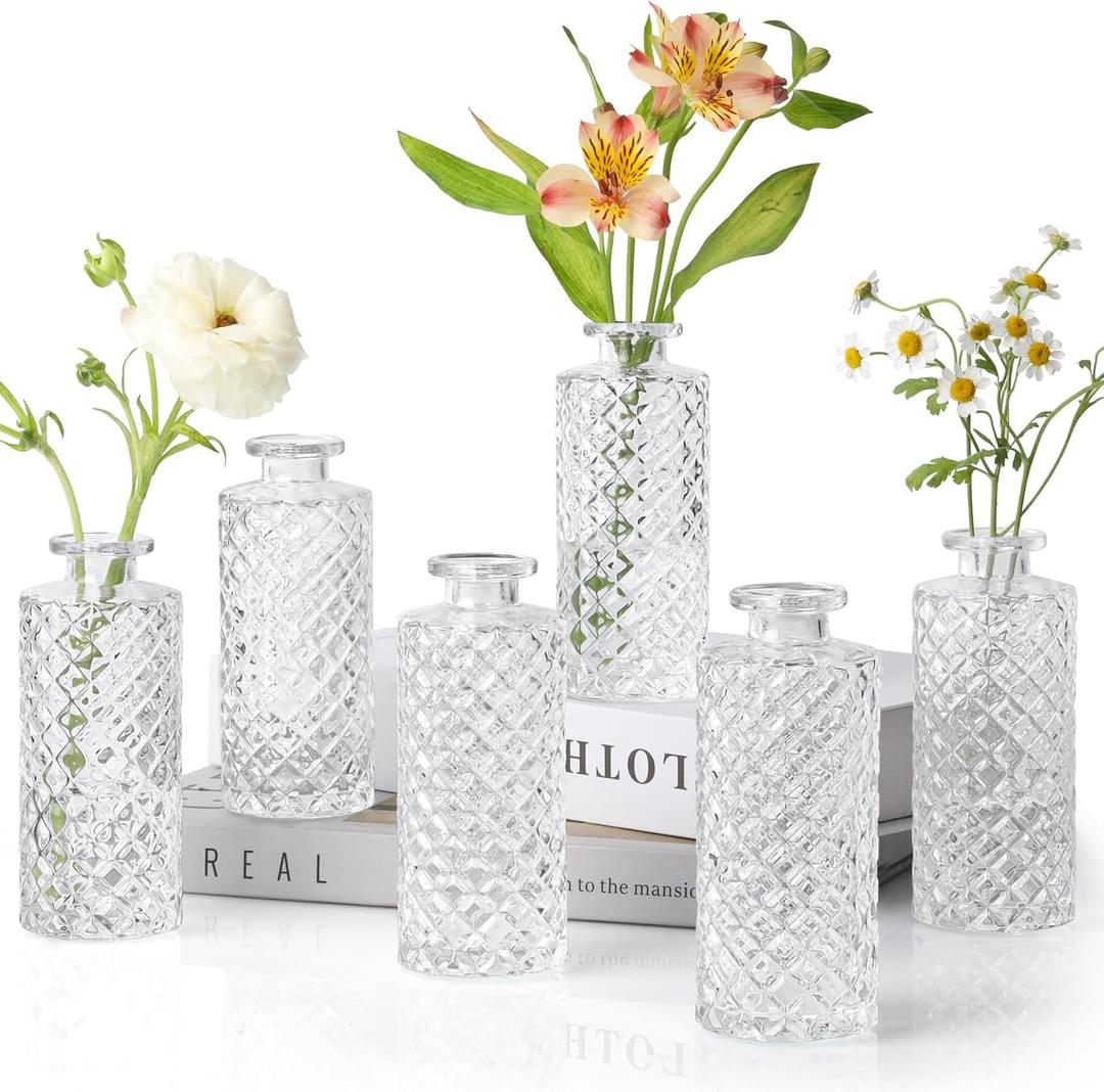 ComSaf Glass Bud Vases Set of 6, Small Diamond Bud Vases in Bulk, Mini Flowers Vases for Centerpieces, Vintage Bottle for Table Decorations, Wedding Decor, Recepetion, Home, (Clear)