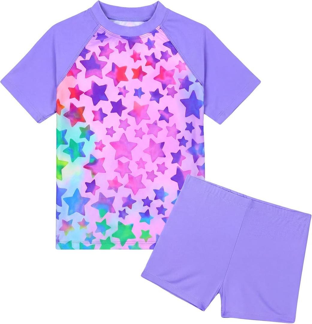 Girls Swimsuit Colorful Short Sleeve Bathing Suits UPF 50+ Rash Guard Set Two Piece Summer Swimwear (Purple)