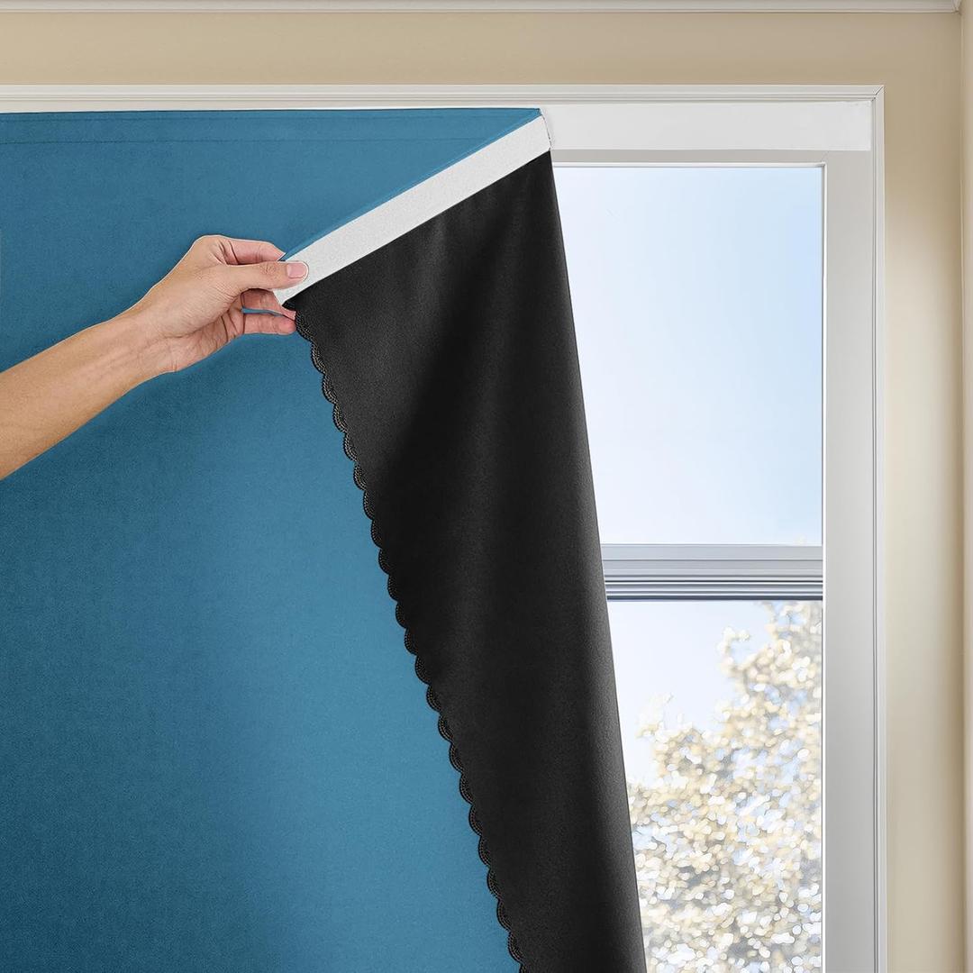 JILRON Magic Tape Stick on Portable Curtains for Windows,Bedroom Blackout Curtains for - Thermal Lnsulated No Drill Curtains Room Darkening Black Small Drapes(1 Panels,35Wx48L inch-Dark Blue)