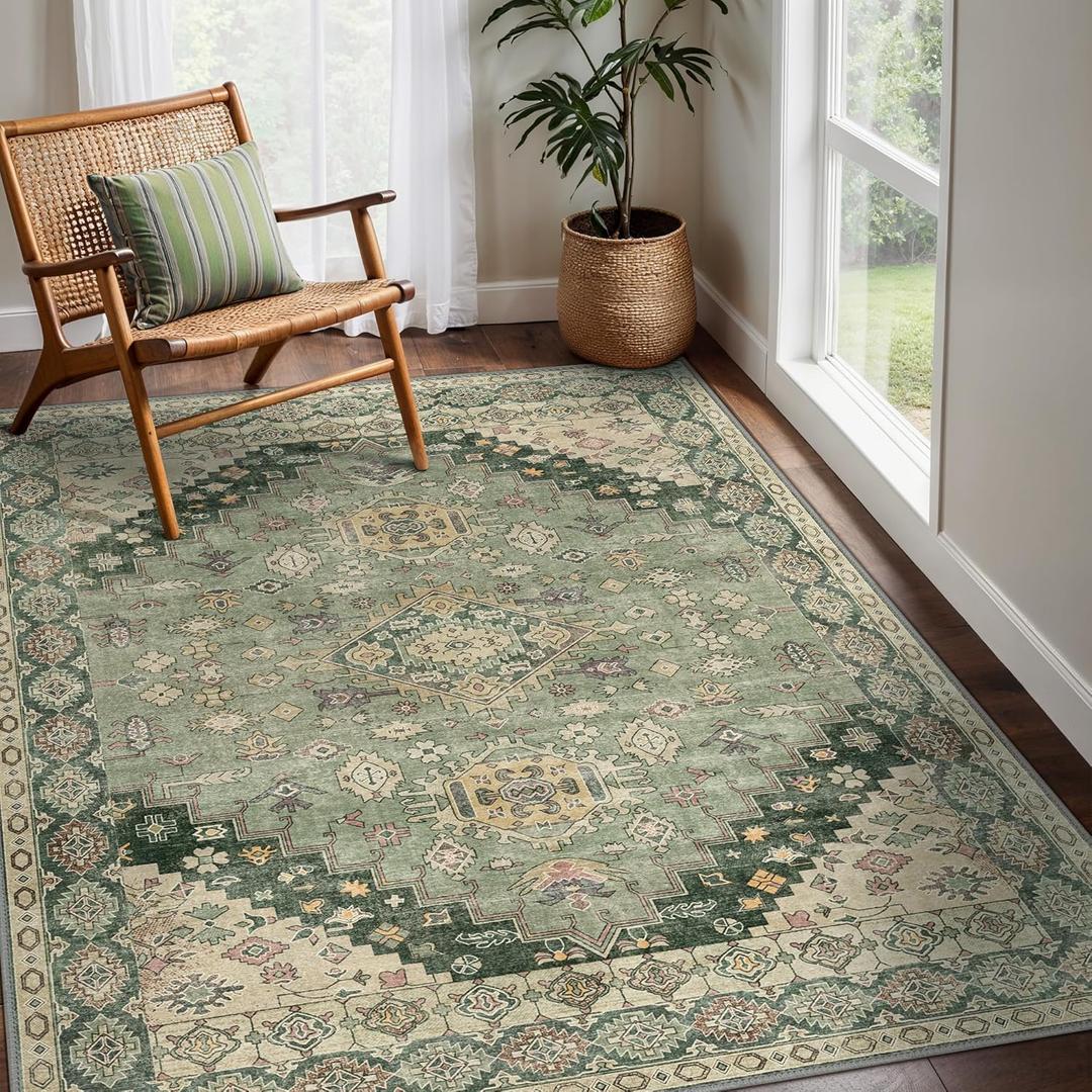 GENIMO Machine Washable 8x10 Area Rugs for Living Room, Non Slip Vintage Rugs, Low Pile Lightweight Chenille Print Rug for Bedroom, Dining Room, Home Office, Forest Green