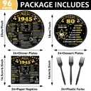 CHUNNIN 96Pcs 80th Birthday Plates and Napkins Back in 1945 Party Decorations Black Gold 80 Year Old Cake Dessert Plates 1945 Tableware for 24 Guests 80th Theme Men Woman Birthday Party Supplies