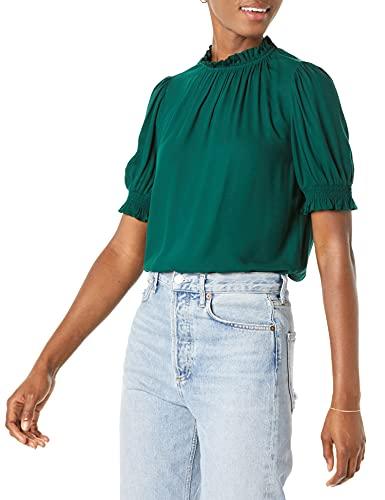 Amazon Essentials Women's Fluid Twill Short Puff Sleeve Ruffle Smocked Shirt, Dark Green, X-Large