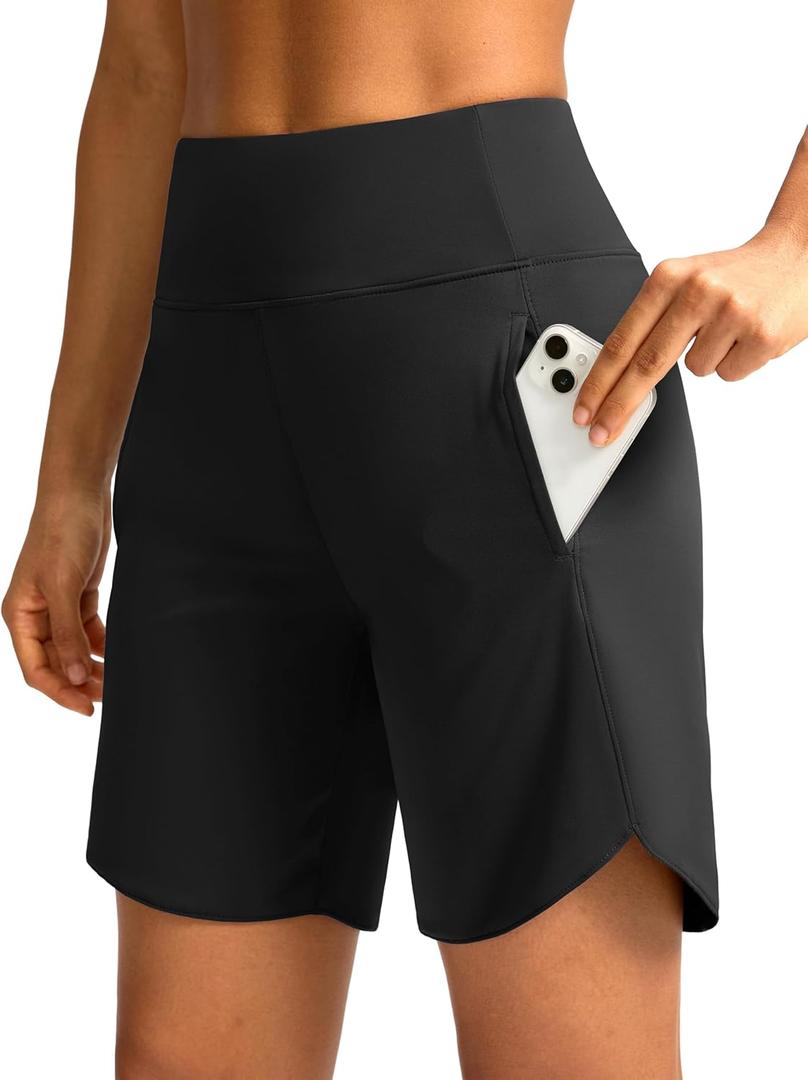 Soothfeel Women's 7" Athletic Running Long Shorts with Pockets High Waisted Bermuda Shorts for Women Workout Walking Casual (Medium, Black)